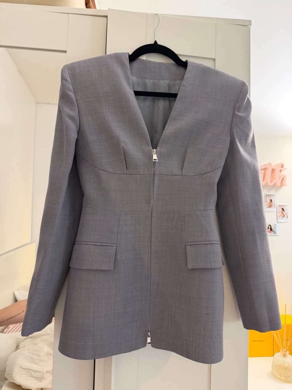 Tailored Light Gray Zip-Front Blazer Jacket